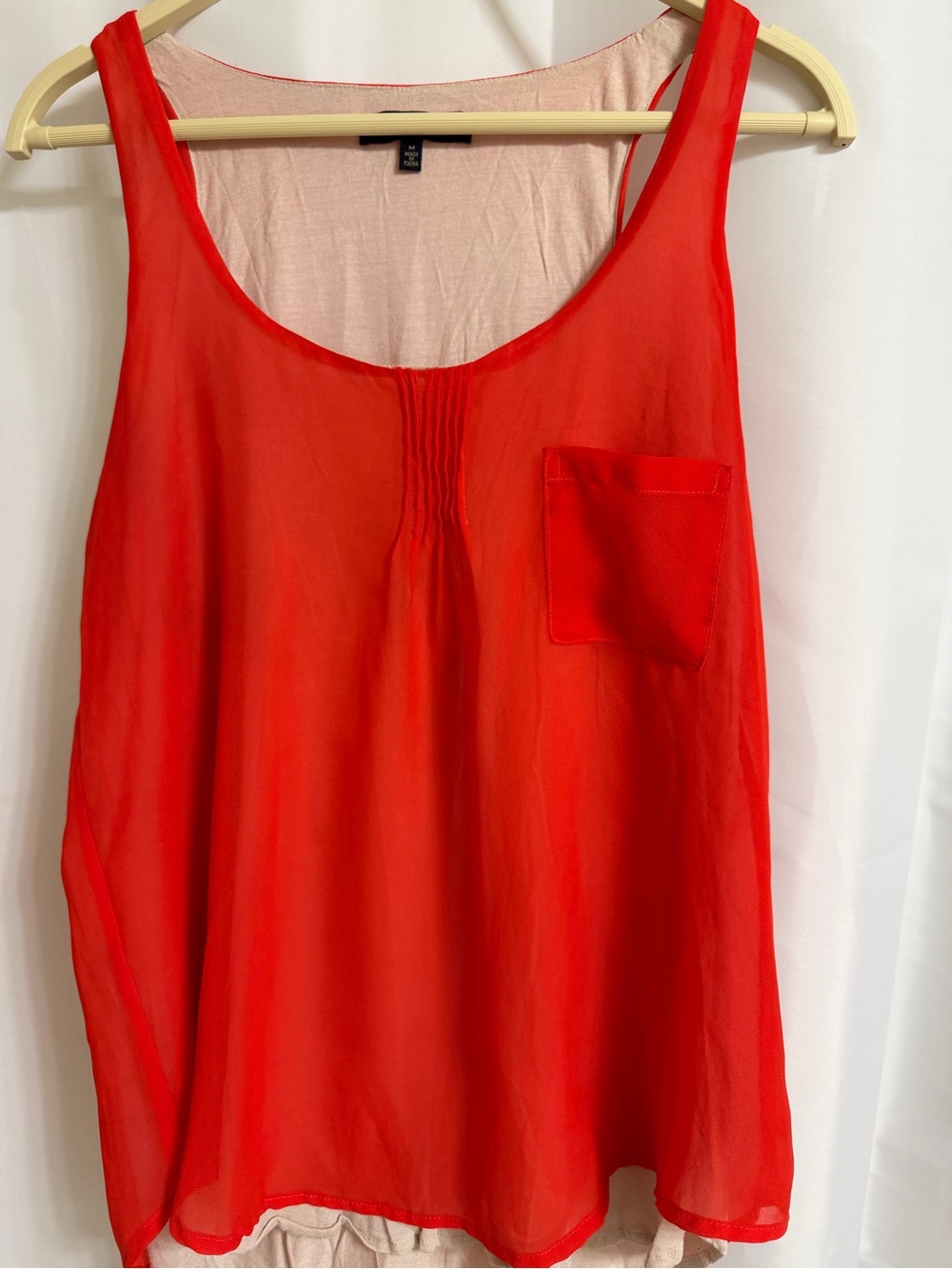 Women’s Red Orange Sleeveless Pintuck Pocket Blouse